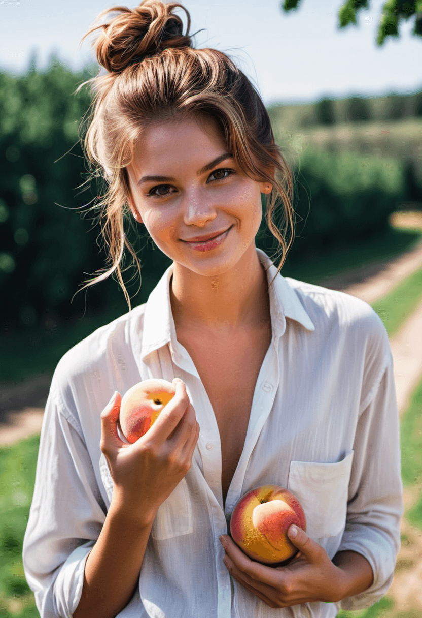 AI generated: HDR photo of young woman with a messy top bun, light brunette hair, wearing a slightly unbuttoned bl...