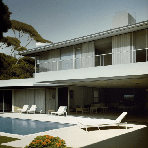 AI generated: Hyper realistic eye level exterior photo of a mid century modern style house overlooking the ocean, ...