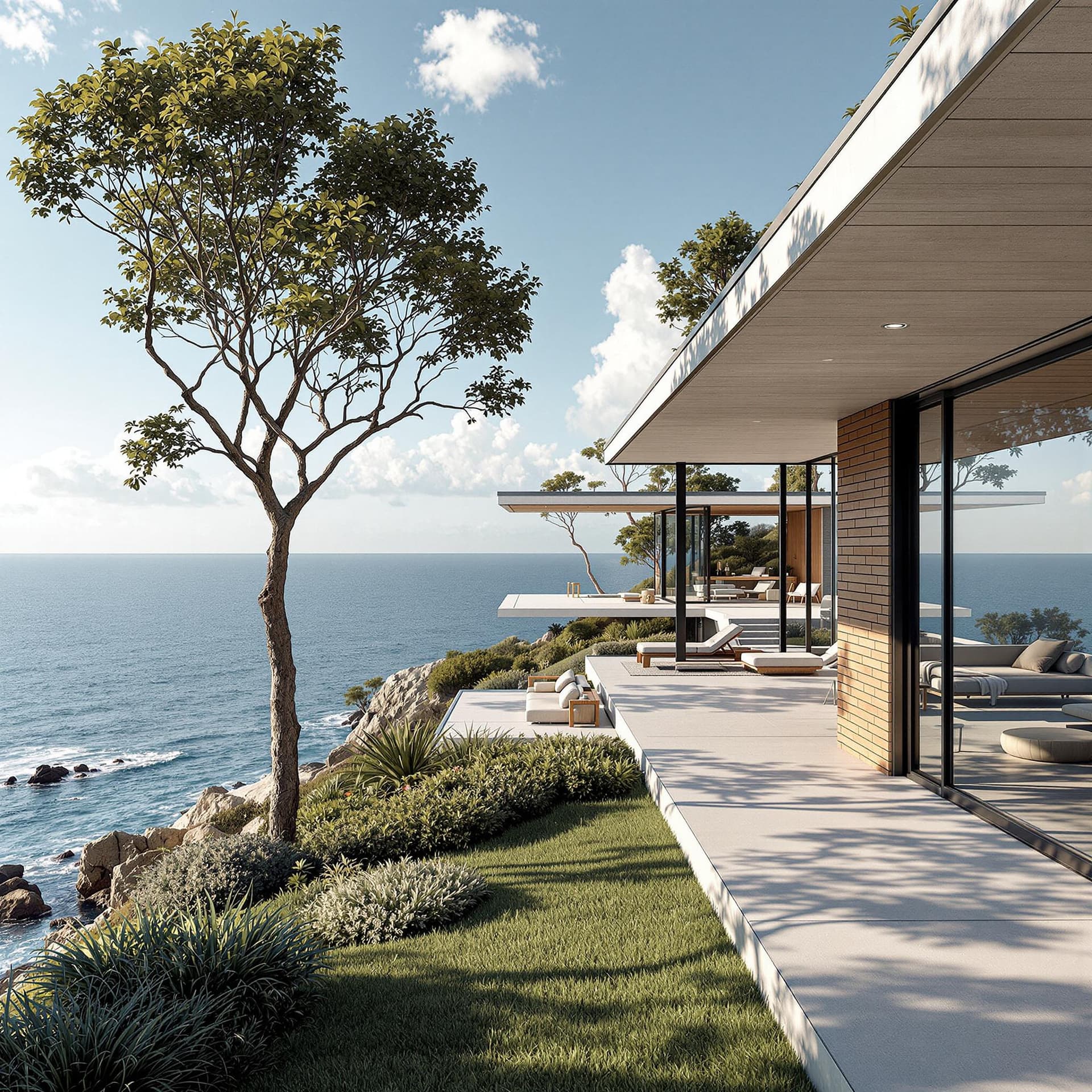 AI generated: Hyper realistic eye level exterior photo of a mid century modern style house overlooking the ocean, ...