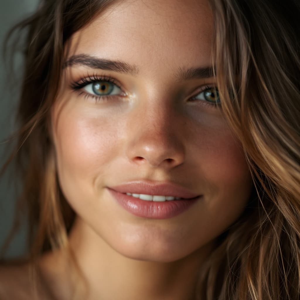 AI generated: Close up portrait of a female, British, 17 years old, fit body, buxom, long brown hair, athletic, 5f...