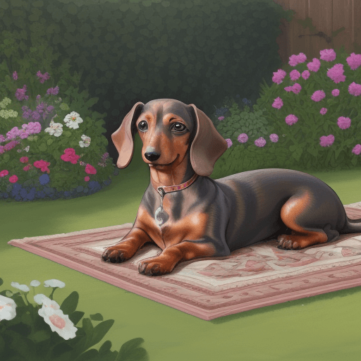 AI generated: Dachshund dog resting on a rug in the garden. In exalted style


