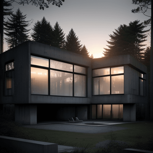 AI generated: A realistic photo of a house in brutalist style, where the walls are predominantly made of windows a...