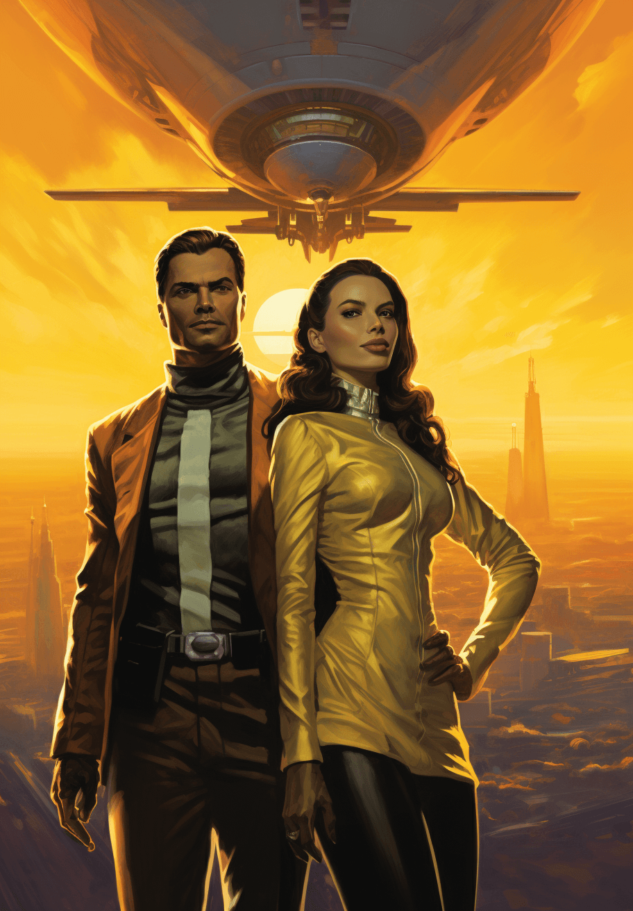 AI generated: A space opera, uniformed man and woman, pointing to the sky with an airship in the background in the...