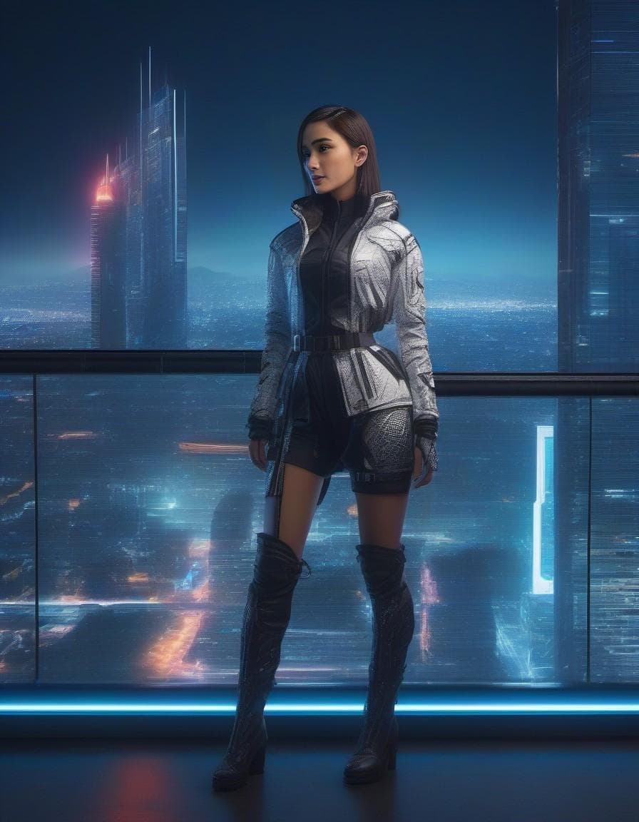 AI generated: Full body side view of an ultra-detailed female in cyber dystopian attire on a ledge of a building o...
