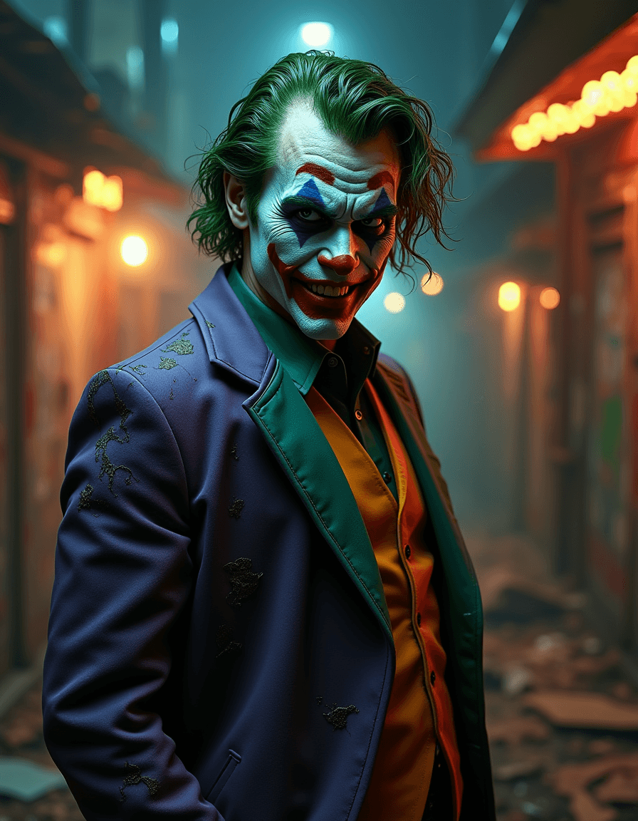 AI generated: A raw, photorealistic depiction of the Joker â a street-hardened anarchist with a face carved in c...