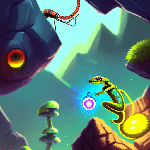 AI generated: Cyber Geko climbing a huge boulder. Give him a chalk bag and futuristic climbing shoes. The geko has...