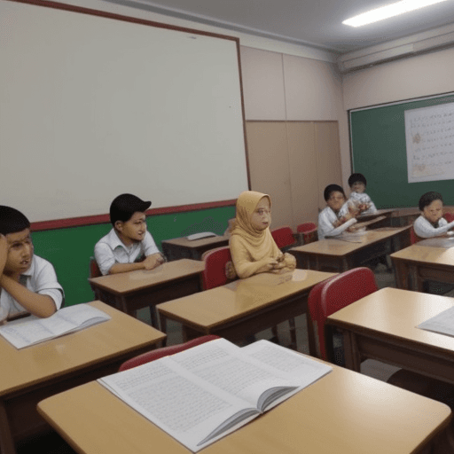 AI generated: Buatkan gambar animasi Seorang guru bergembira dengan murid muridnya di kelas