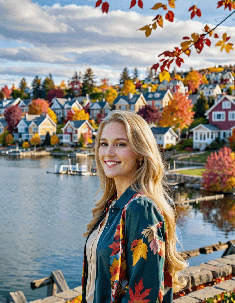 AI generated: breathtaking woman with long blonde hair, from the side, smiles intently at the viewer, wearing a go...