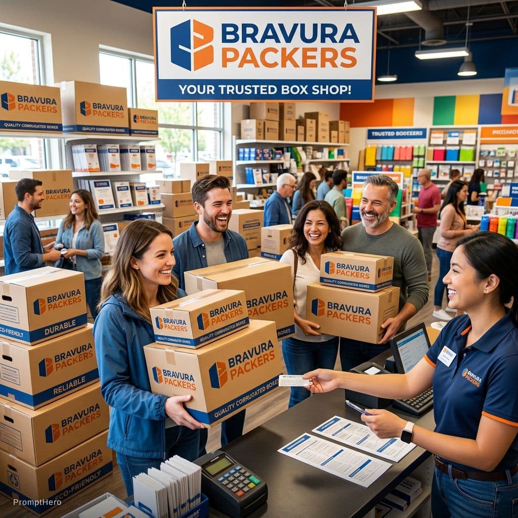 AI generated:  campaign for corrugated boxes where people love to buy boxes from bravura packers