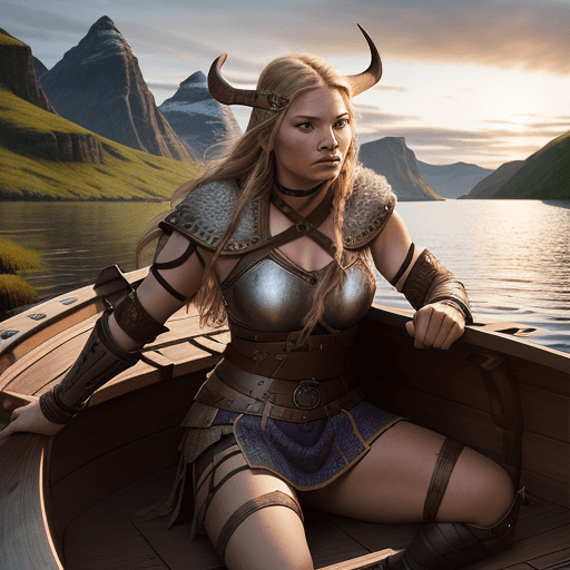AI generated: a fierce, beautiful, female Viking warrior leaning against the hull of a Viking boat, evening light,...