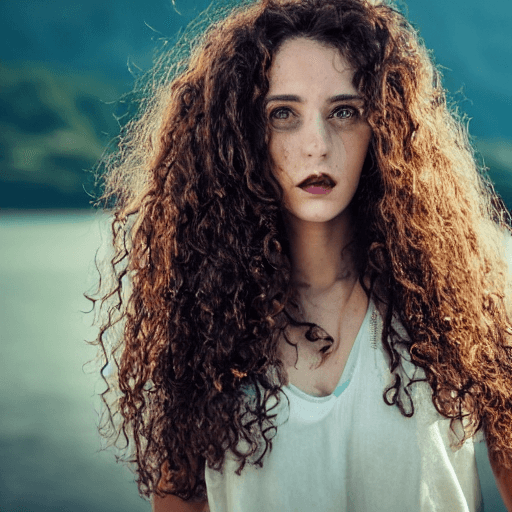 AI generated: Portrait photo of an open and proud looking, beautiful model-like Galician woman with long curly bro...