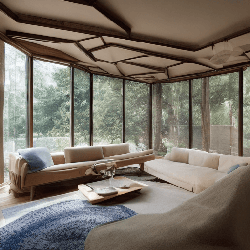 AI generated: High resolution photography interior design, dreamy sunken living room conversation pit, wooden floo...