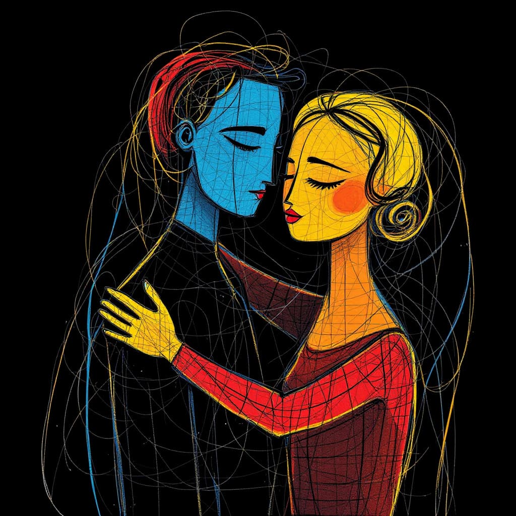 AI generated: abstract one-line drawing of a couple hugging each other in the style of Pablo Picasso