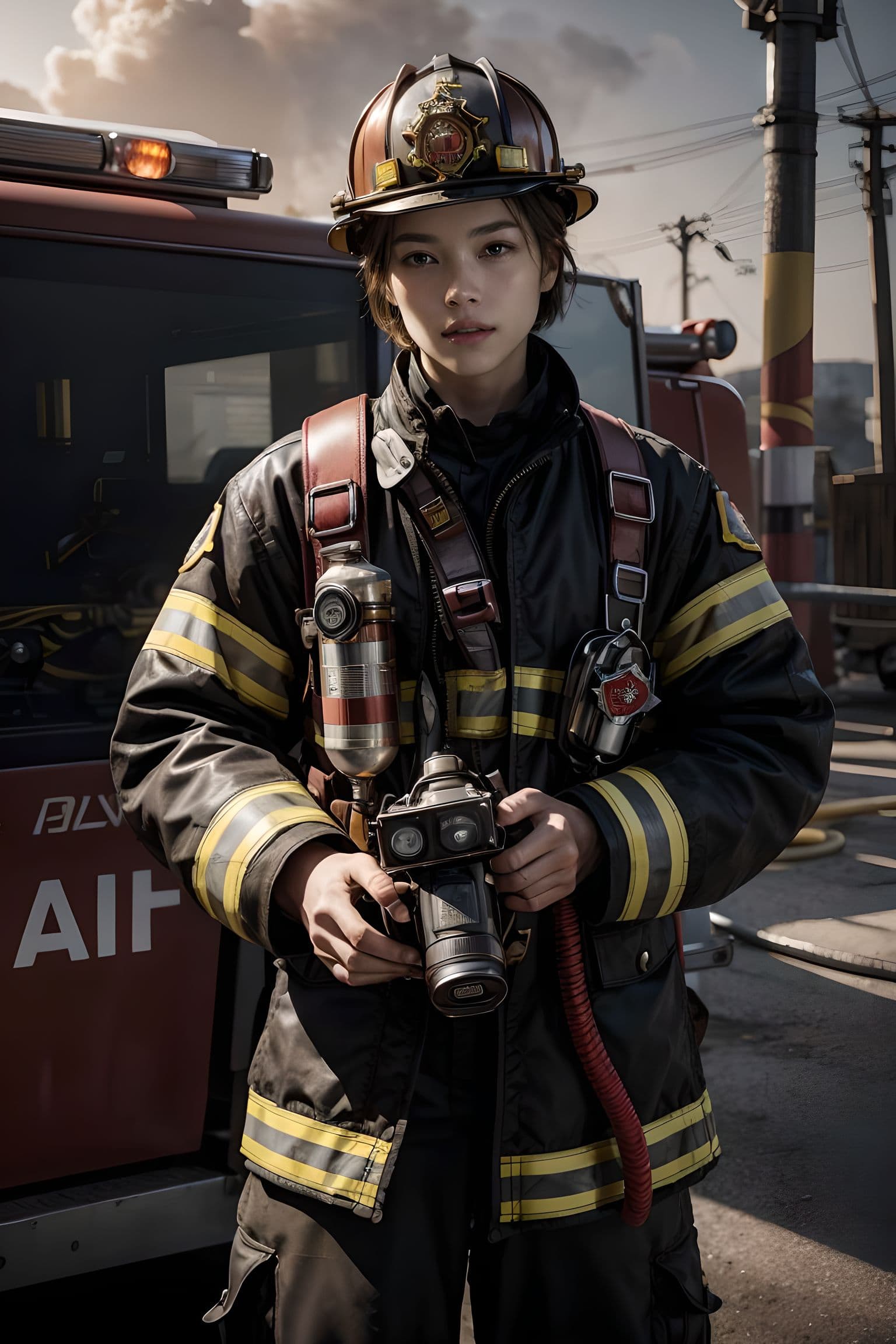 AI generated: (luxurious firefighter uniform design:1.3), (modern and stylish:1.2), high quality, Nikon D780, prof...