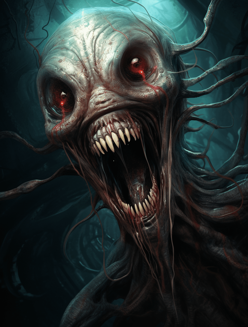 AI generated: A creepy mutant alien with long tentacles, smiling and looking at the viewer, in the style of Zdzisł...