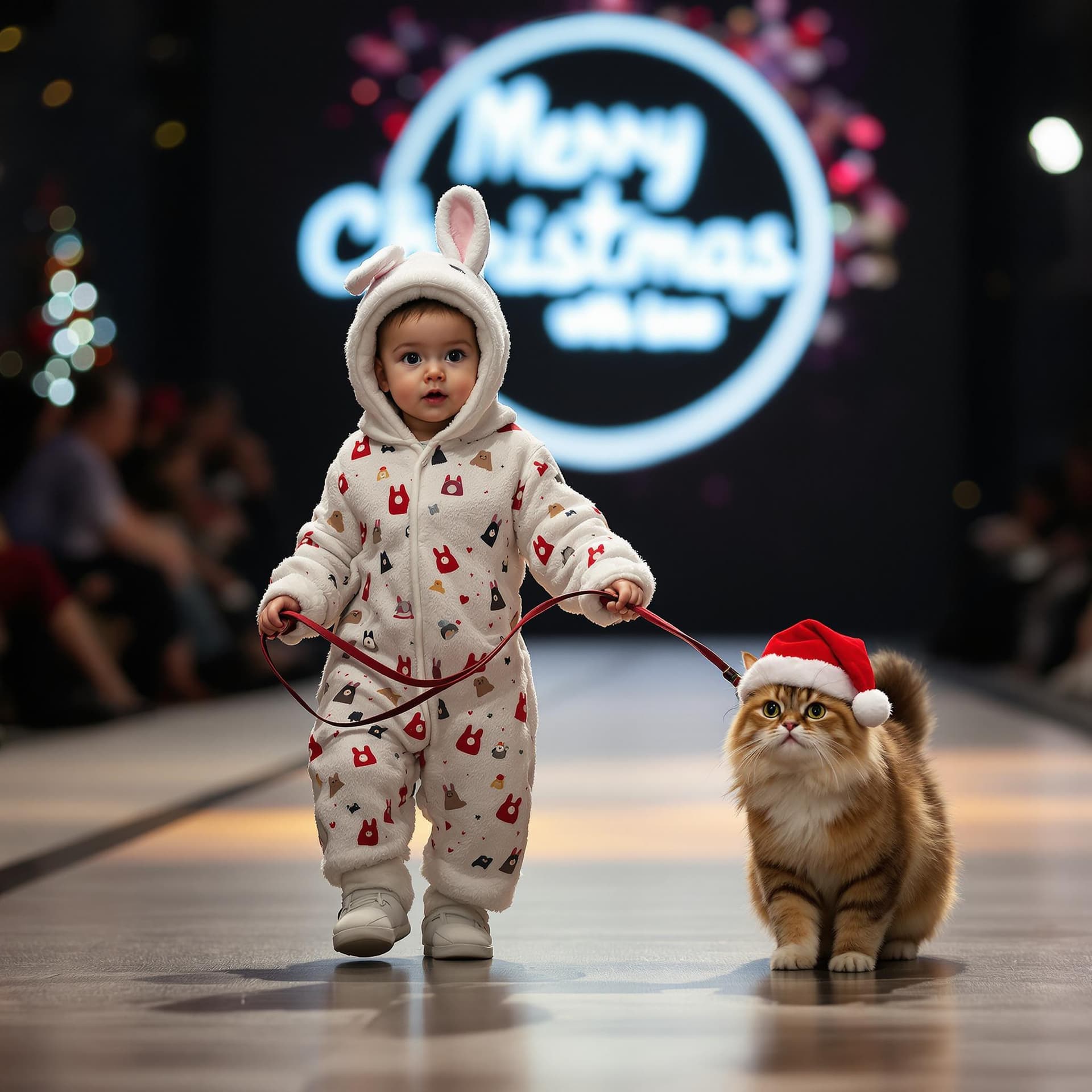 AI generated: A baby dressed in bunny pajamas leads a pet cat on a leash while walking at a Merry Christmas fashio...