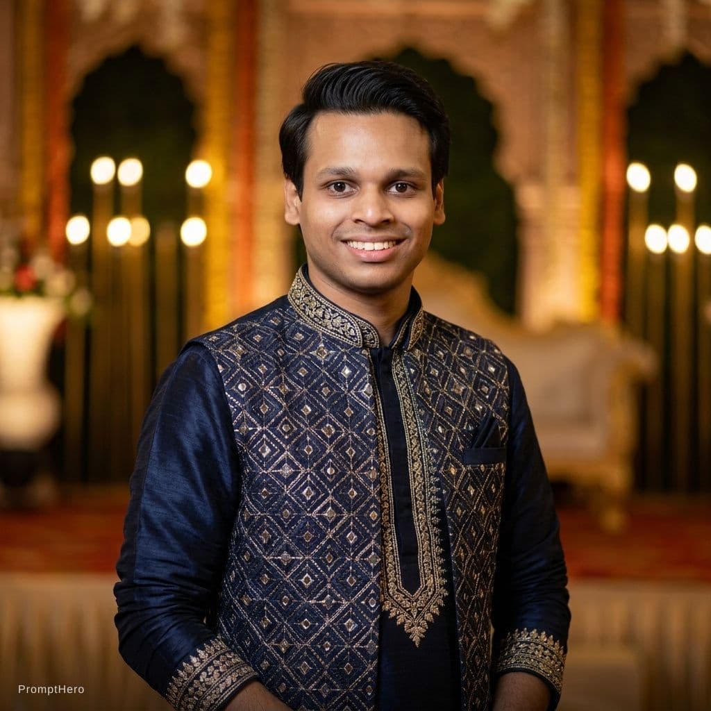 AI generated: Prompt: A medium shot of a handsome South Asian man modeling an elegant, modern ethnic outfit. He is...