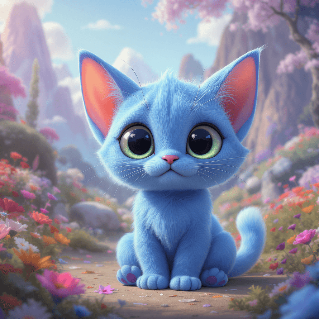 AI generated: A cute baby blue alien cat with large ears and expressive eyes, sitting in an otherworldly landscape...