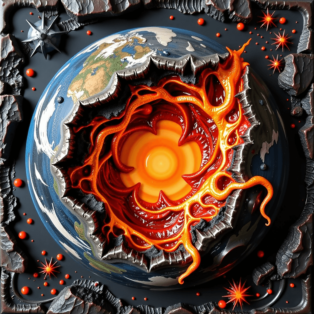 AI generated: An encaustic painting depicting the fiery core of the Earth, with rich textures and molten colors.â...