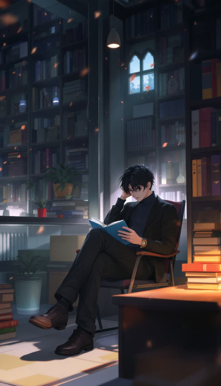 AI generated: anime, boy, introvert, library, academia, dark academia, evening, reading book, infj