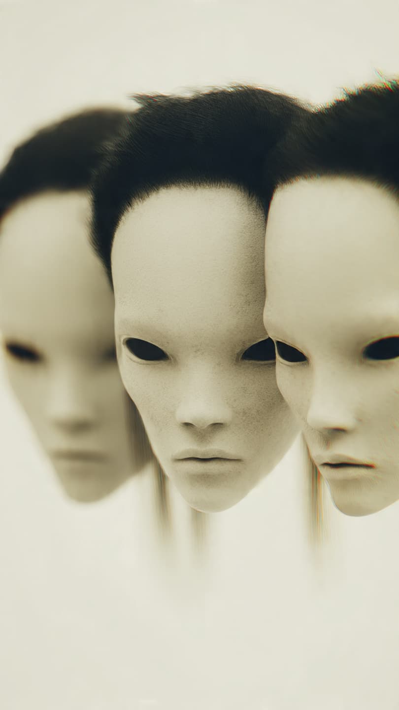 AI generated: Three disembodied alien humanoid faces, each partially formed, and arranged horizontally on a white ...