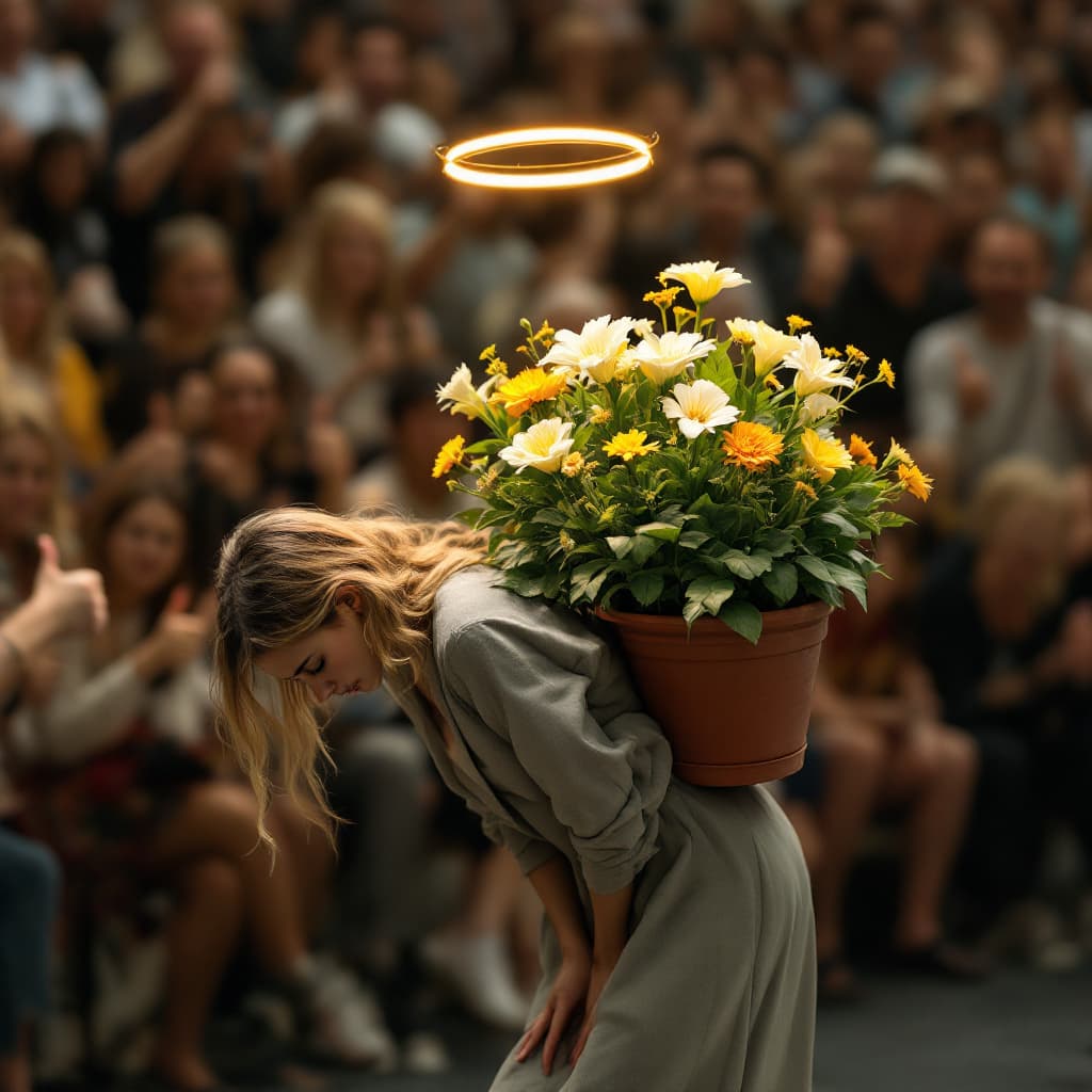AI generated: A photo model bending over with a large pot flower stuck to her back her back. In the background is ...