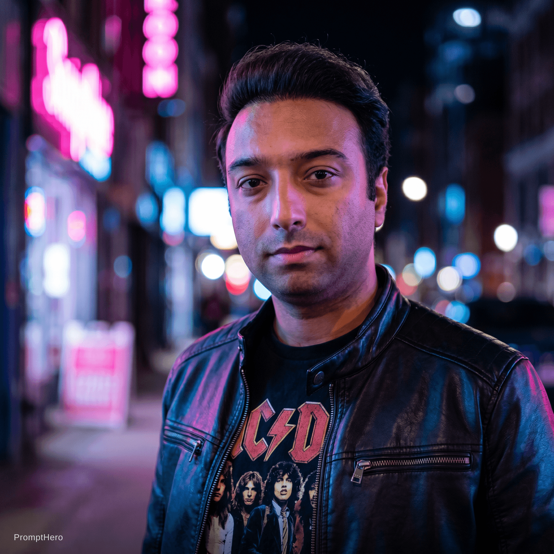 AI generated: Create a close-up portrait of a person standing on a city street at night with a calm, confident exp...