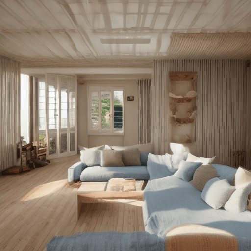 AI generated: High resolution photography interior design, dreamy sunken living room conversation pit, wooden floo...