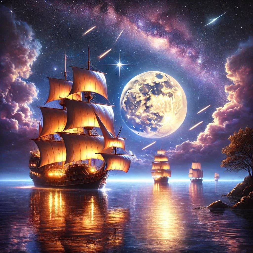 AI generated: A fantastical night-time seascape featuring a medieval ship gliding on calm, reflective waters. The ...