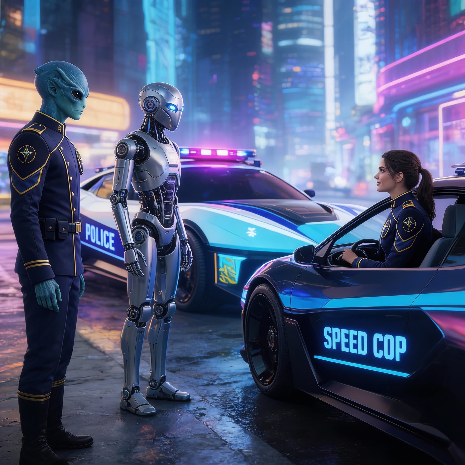 AI generated: Create a Sci-Fi image of the Alien and robot in. Reference image 1. 
Standing outside their Police c...