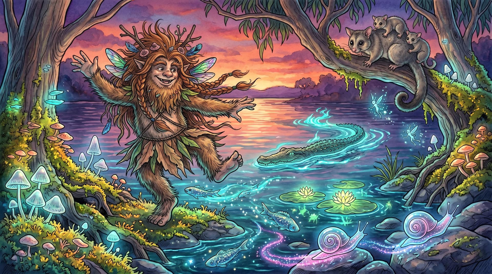 AI generated: In a surreal, whimsical world where Aussiecore DreamtimeFunk meets WyldeFey elemental aesthetics, a ...