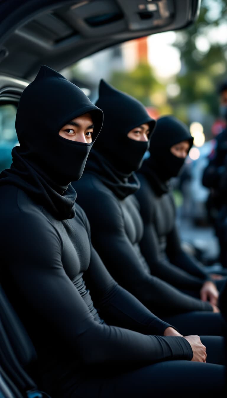 AI generated: Three athletic male Asian Chinese are wearing compression jammers are under police investigation sit...