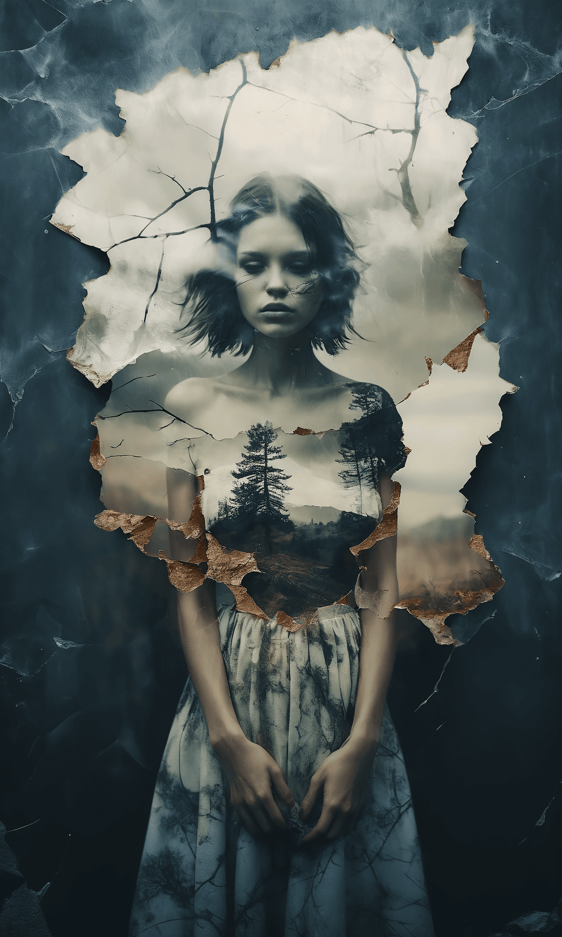 AI generated: A beautiful woman, double exposure, surreal artwork, printed on cracked paper, artful, aesthetic, mu...
