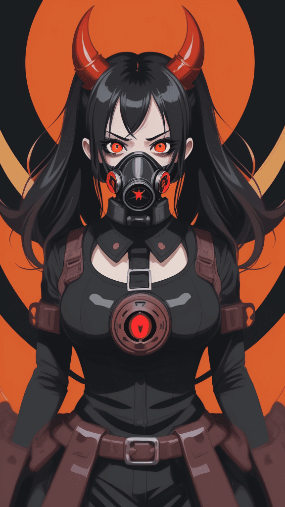 AI generated: complex background portrait of little 
devil woman. Wearing a gas mask. Prominent eyes, complex back...