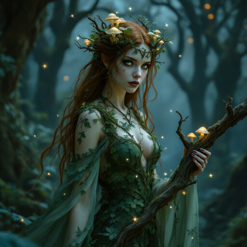 AI generated: An ultra-realistic, full-body static image of a forest dryad woman, radiating an alluring but danger...