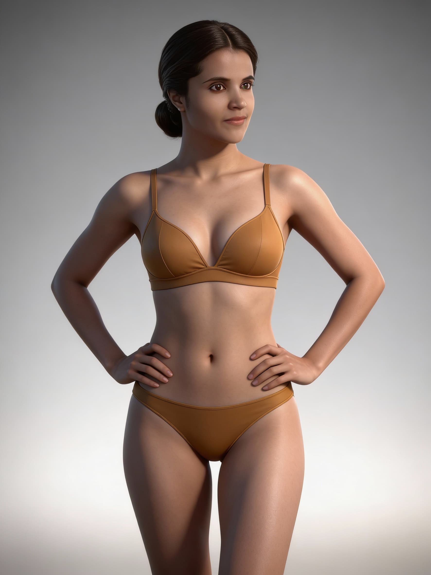 AI generated:  "A hyper-realistic, ultra-detailed full-body depiction of the same woman (173 cm) with a tall, well...
