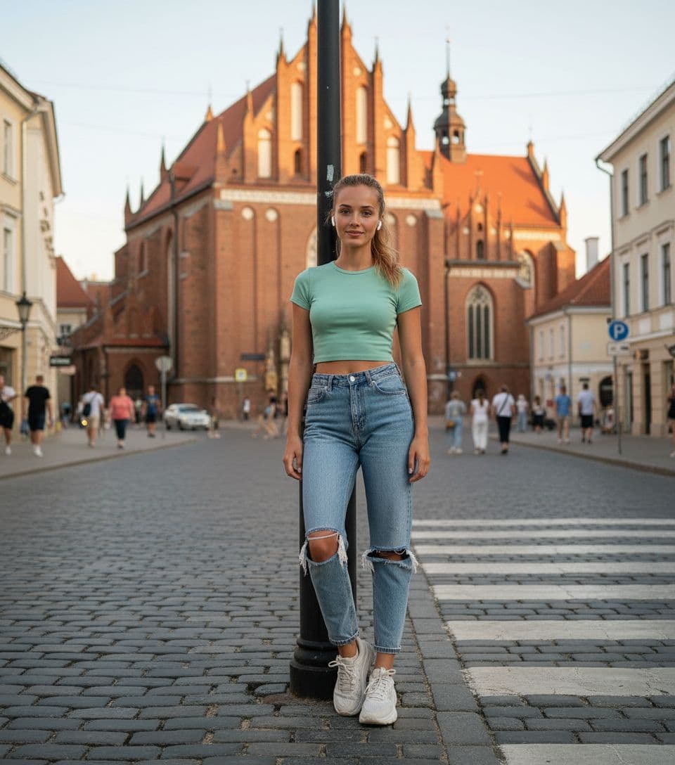 AI generated: 22 year old 5 foot 7 spanish girl, standing  .stands in Vilnius Old Town against the backdrop of St....