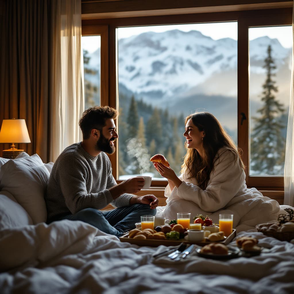 AI generated: A candid moment of a indian kerala couple enjoying breakfast in bed at a luxury mountain resort. The...