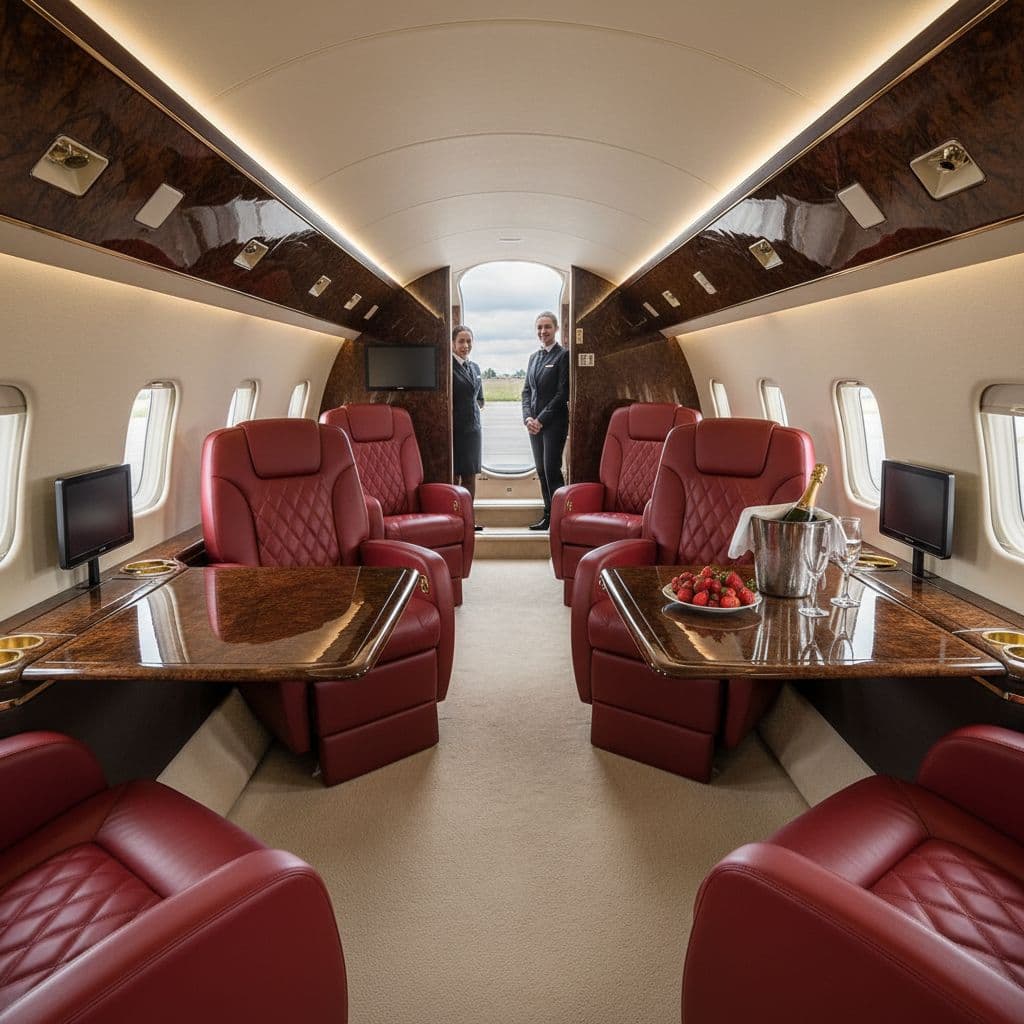 AI generated: luxurious interior of a private jet with red leather chairs  very realistic with the entrance door b...