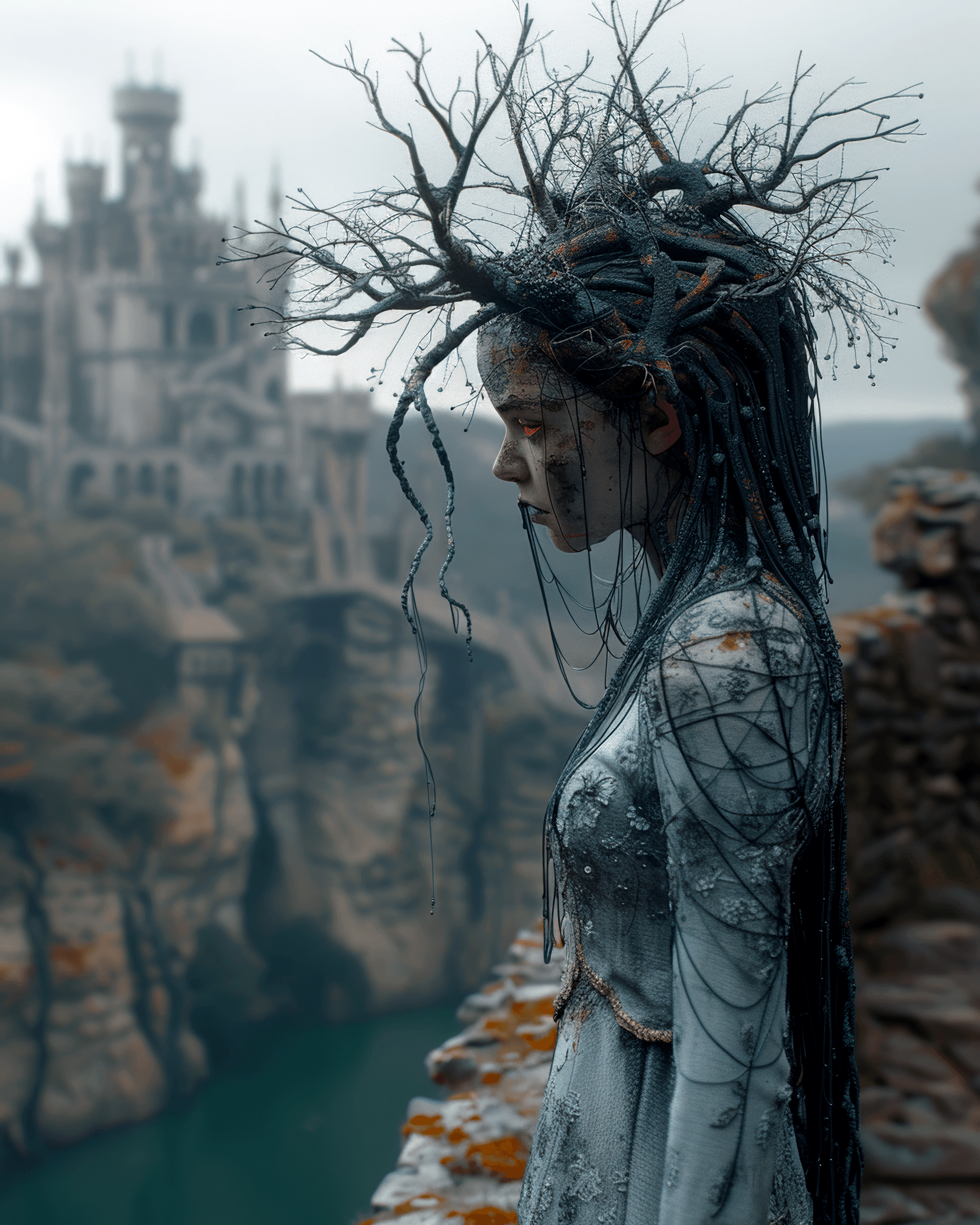 AI generated: hyper real cinematic, steampunk, in deep water of lake, Ancient castle in medieval Europe is sinking...