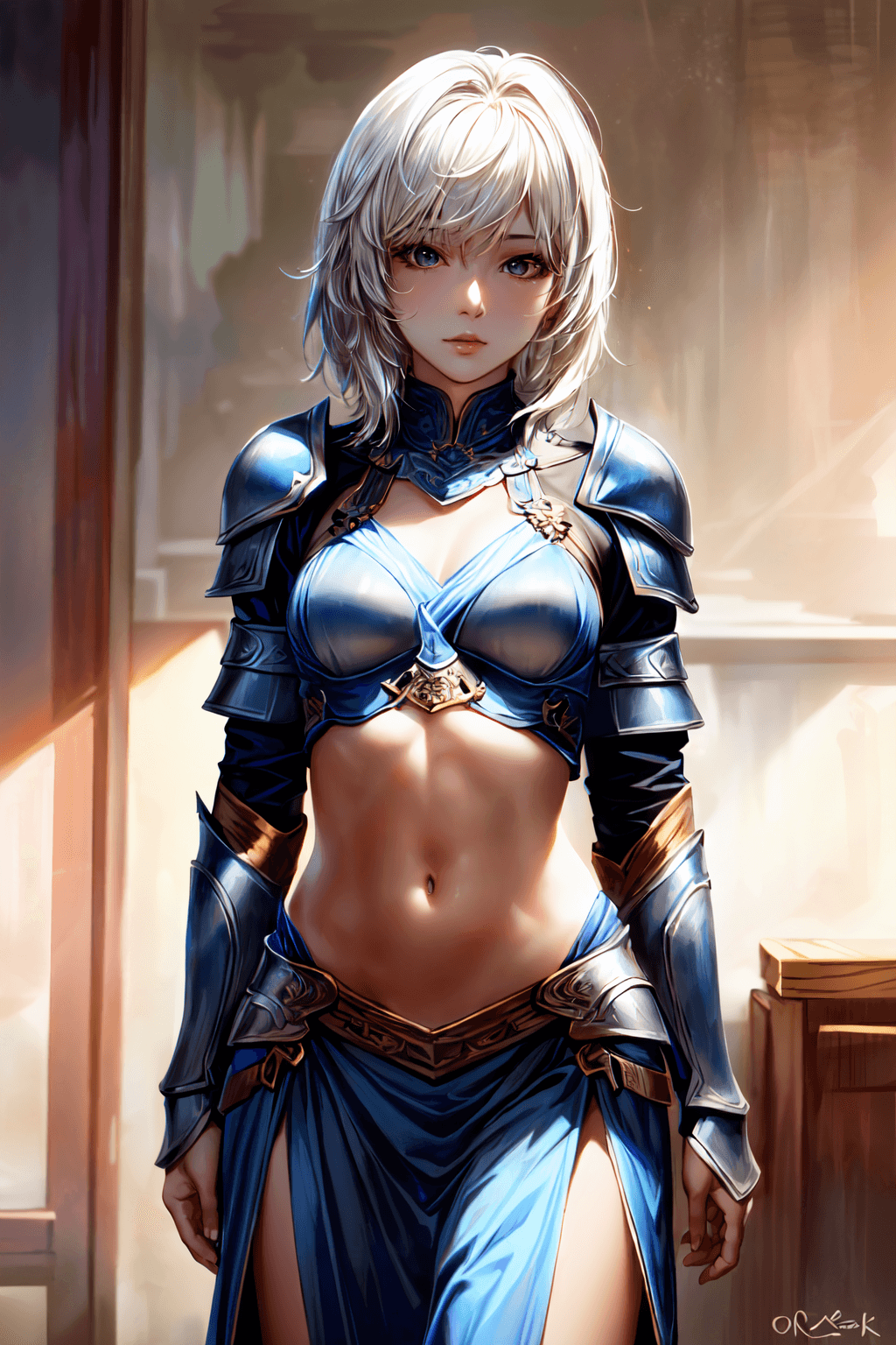 AI generated: white hair, intricate azure armor, detailed gorgeous face, beautiful young South Korean girl, medium...