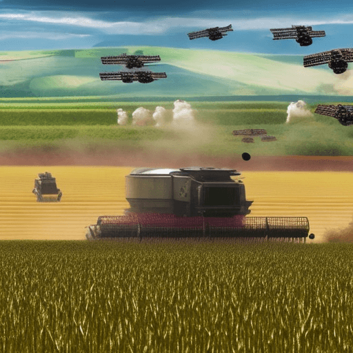 AI generated: a field of crops being harvested by droids

