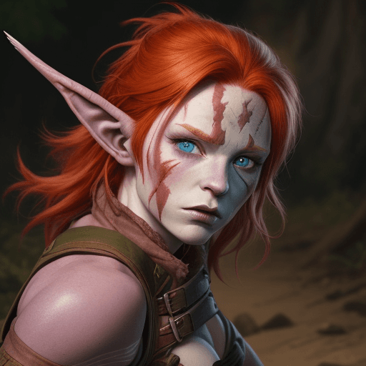 AI generated: Female firbolg ranger, long wild red hair, pink skin, cow nose, light blue eyes, vicious scar across...