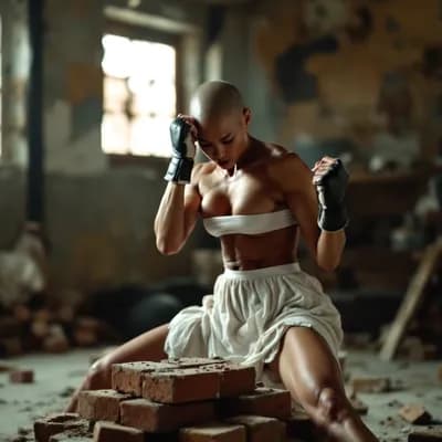 AI generated video: the woman concentrates, flexes her muscles then punches the brick immediately below her with a screa...
