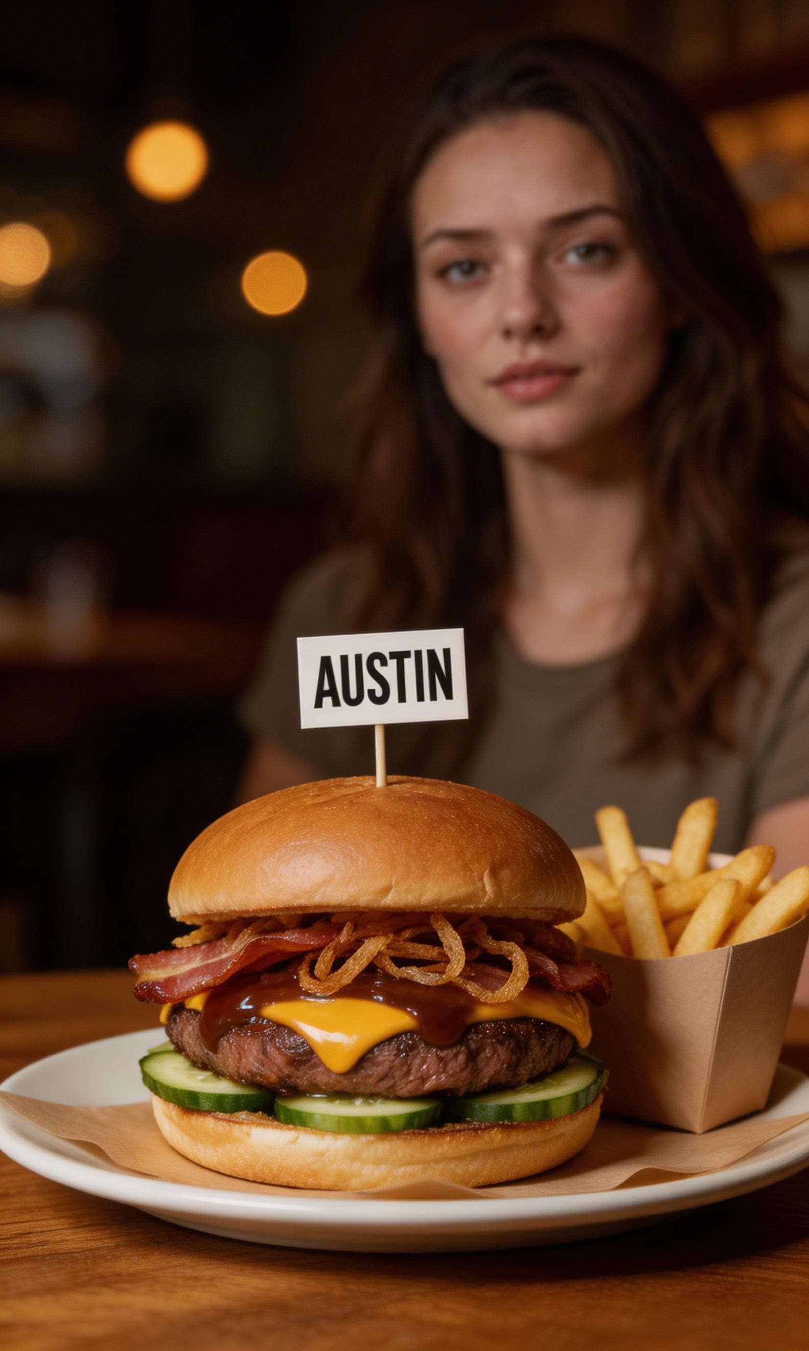 AI generated: close up of a burger named "Austin"
Ingredients :Steak, Sauce Barbecue, Bacon, Crispy Onions, Chedda...
