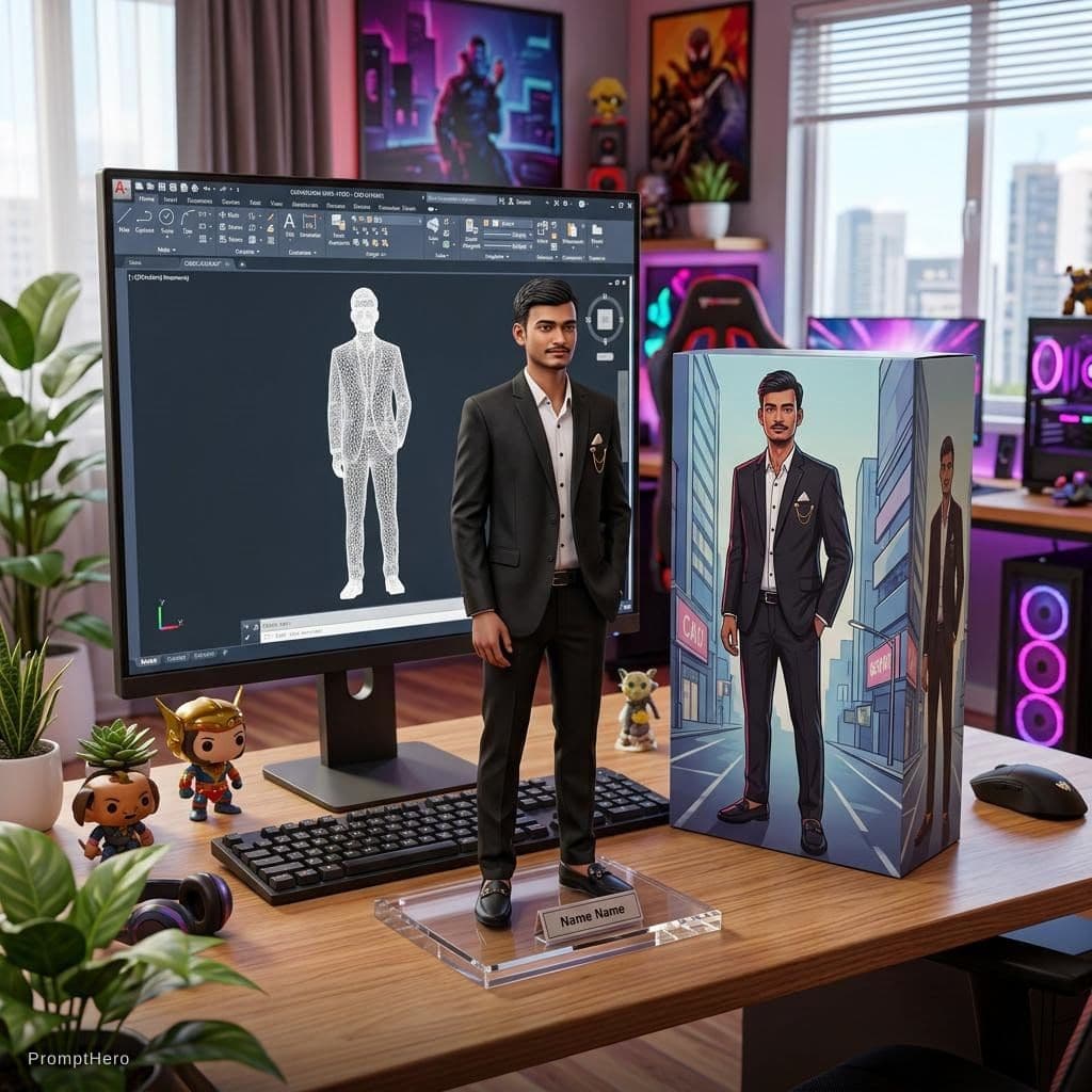 AI generated: Transforming the photographed person into a realistic 3D figurine in front of a computer desk. The c...