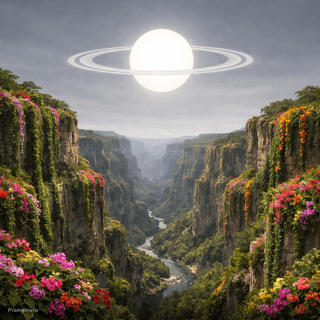 AI generated: a scenic landscape of a massive canyon with vines climb down it with lots of colorful flowers but th...