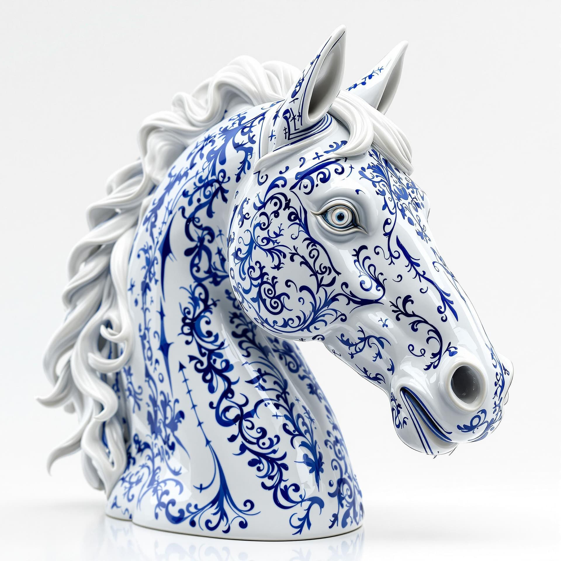 AI generated: a horse made out of porcelain, in the style of balanced symmetry, white and blue, detailed facial fe...