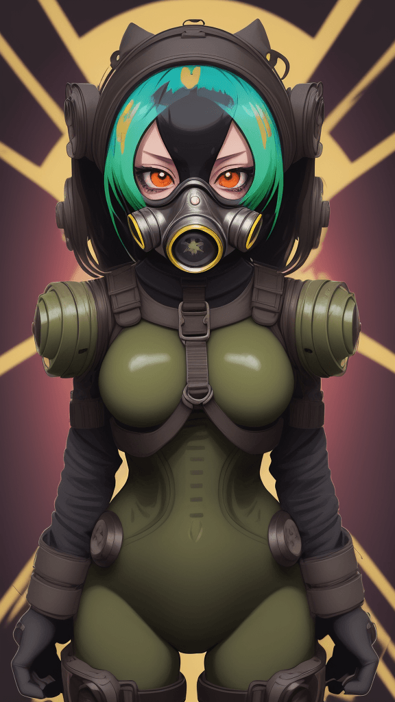 AI generated: complex background portrait of little 
Critter woman. Wearing a gas mask. Prominent eyes, complex ba...