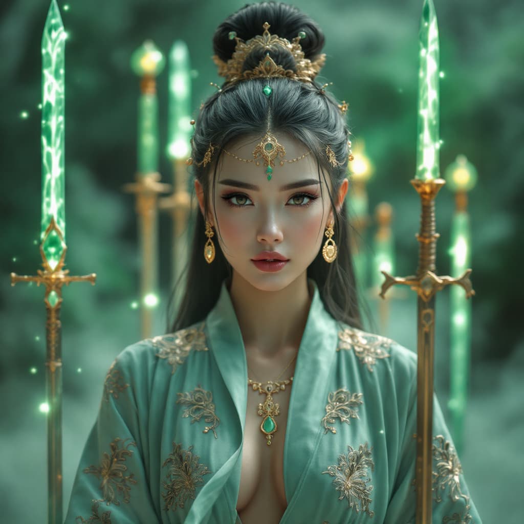 AI generated: A stunning woman in a jade robe with intricate golden elements and jewelry. Behind her, swords made ...